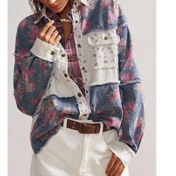 Western Floral Print Frayed Snap Button Oversized Denim Jean Jacket Shacket - Picture 2 of 5